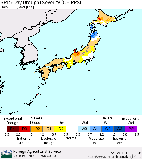 Japan SPI 5-Day Drought Severity (CHIRPS) Thematic Map For 12/11/2021 - 12/15/2021