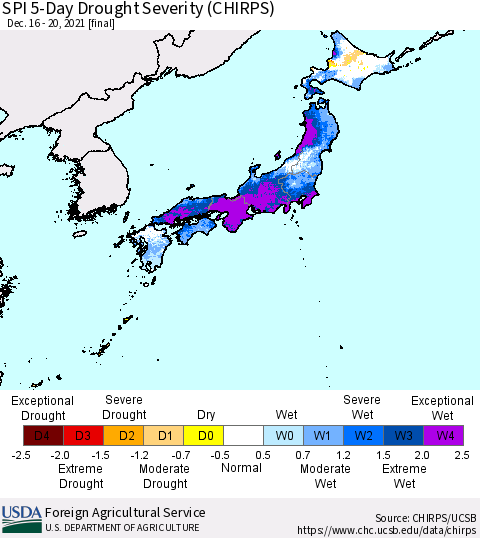 Japan SPI 5-Day Drought Severity (CHIRPS) Thematic Map For 12/16/2021 - 12/20/2021