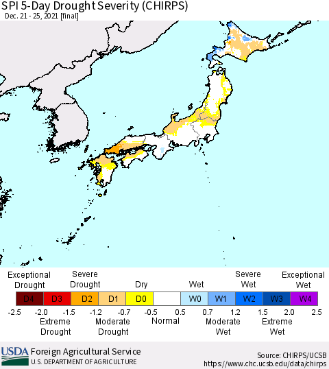 Japan SPI 5-Day Drought Severity (CHIRPS) Thematic Map For 12/21/2021 - 12/25/2021