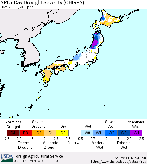 Japan SPI 5-Day Drought Severity (CHIRPS) Thematic Map For 12/26/2021 - 12/31/2021