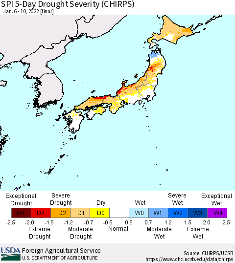 Japan SPI 5-Day Drought Severity (CHIRPS) Thematic Map For 1/6/2022 - 1/10/2022