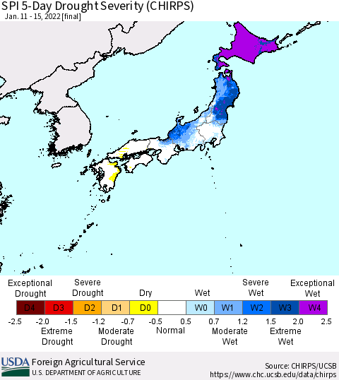 Japan SPI 5-Day Drought Severity (CHIRPS) Thematic Map For 1/11/2022 - 1/15/2022