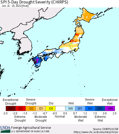 Japan SPI 5-Day Drought Severity (CHIRPS) Thematic Map For 1/21/2022 - 1/25/2022