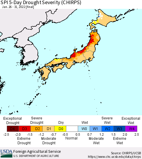 Japan SPI 5-Day Drought Severity (CHIRPS) Thematic Map For 1/26/2022 - 1/31/2022