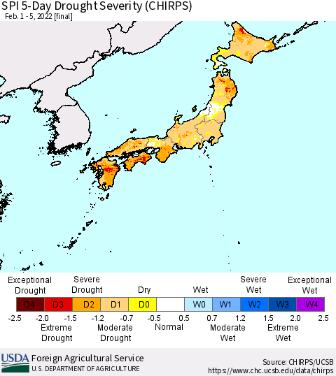 Japan SPI 5-Day Drought Severity (CHIRPS) Thematic Map For 2/1/2022 - 2/5/2022