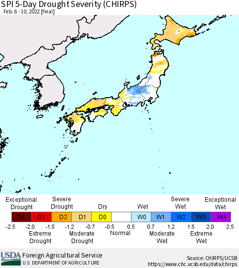Japan SPI 5-Day Drought Severity (CHIRPS) Thematic Map For 2/6/2022 - 2/10/2022
