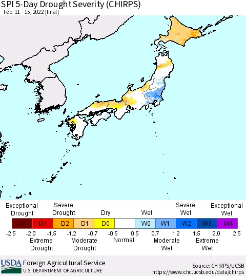 Japan SPI 5-Day Drought Severity (CHIRPS) Thematic Map For 2/11/2022 - 2/15/2022