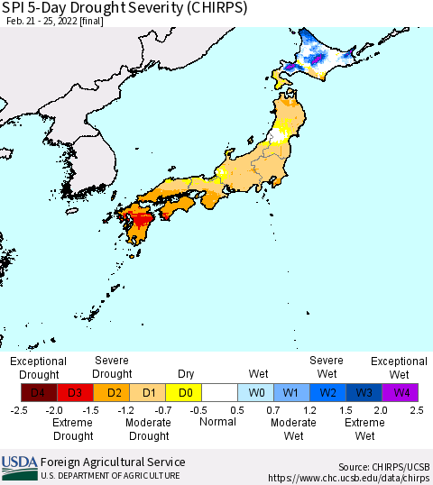 Japan SPI 5-Day Drought Severity (CHIRPS) Thematic Map For 2/21/2022 - 2/25/2022
