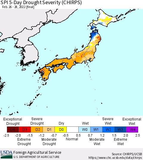 Japan SPI 5-Day Drought Severity (CHIRPS) Thematic Map For 2/26/2022 - 2/28/2022