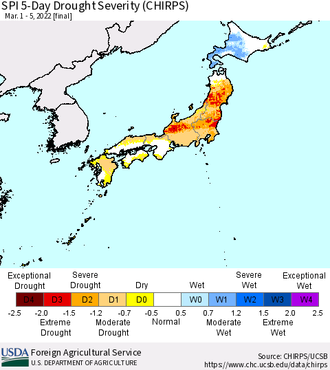 Japan SPI 5-Day Drought Severity (CHIRPS) Thematic Map For 3/1/2022 - 3/5/2022