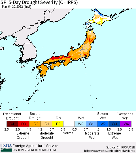 Japan SPI 5-Day Drought Severity (CHIRPS) Thematic Map For 3/6/2022 - 3/10/2022