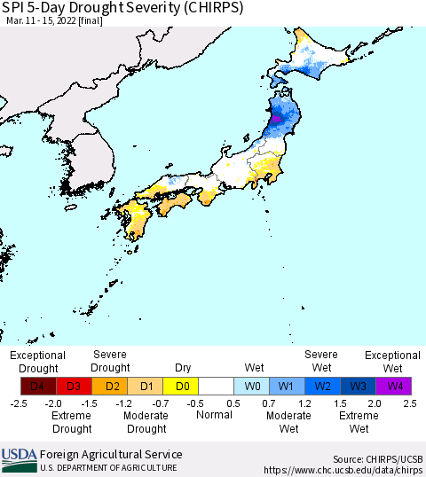 Japan SPI 5-Day Drought Severity (CHIRPS) Thematic Map For 3/11/2022 - 3/15/2022