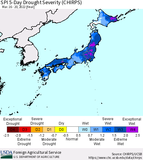 Japan SPI 5-Day Drought Severity (CHIRPS) Thematic Map For 3/16/2022 - 3/20/2022