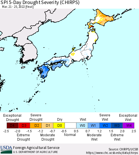 Japan SPI 5-Day Drought Severity (CHIRPS) Thematic Map For 3/21/2022 - 3/25/2022