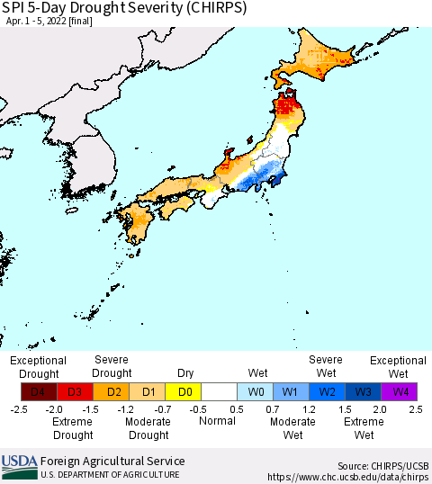 Japan SPI 5-Day Drought Severity (CHIRPS) Thematic Map For 4/1/2022 - 4/5/2022