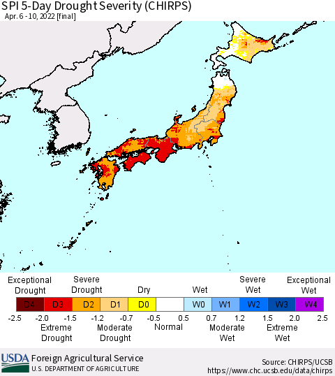 Japan SPI 5-Day Drought Severity (CHIRPS) Thematic Map For 4/6/2022 - 4/10/2022