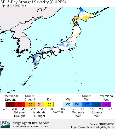 Japan SPI 5-Day Drought Severity (CHIRPS) Thematic Map For 4/11/2022 - 4/15/2022