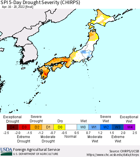 Japan SPI 5-Day Drought Severity (CHIRPS) Thematic Map For 4/16/2022 - 4/20/2022