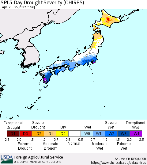 Japan SPI 5-Day Drought Severity (CHIRPS) Thematic Map For 4/21/2022 - 4/25/2022