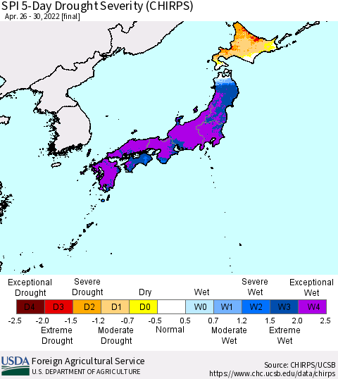 Japan SPI 5-Day Drought Severity (CHIRPS) Thematic Map For 4/26/2022 - 4/30/2022