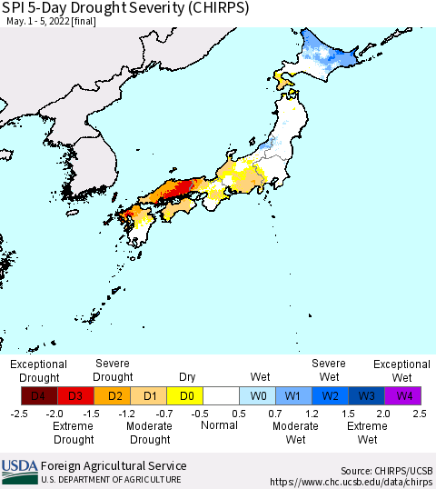 Japan SPI 5-Day Drought Severity (CHIRPS) Thematic Map For 5/1/2022 - 5/5/2022