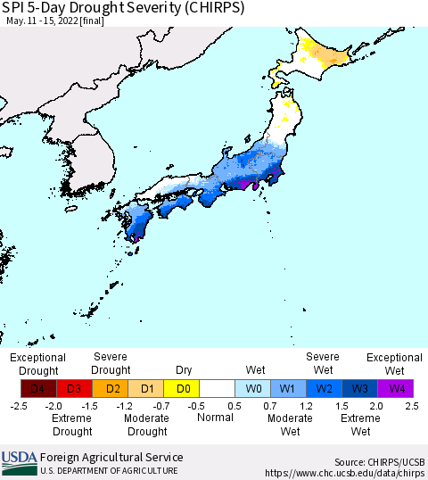 Japan SPI 5-Day Drought Severity (CHIRPS) Thematic Map For 5/11/2022 - 5/15/2022