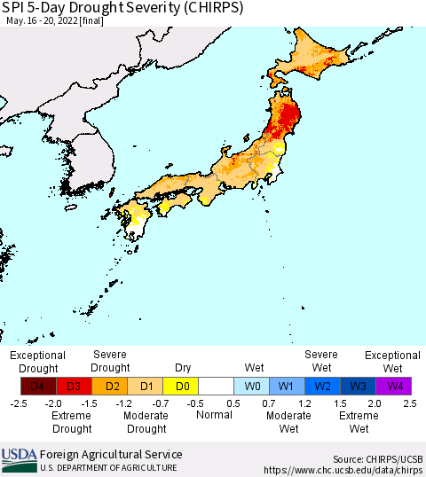 Japan SPI 5-Day Drought Severity (CHIRPS) Thematic Map For 5/16/2022 - 5/20/2022