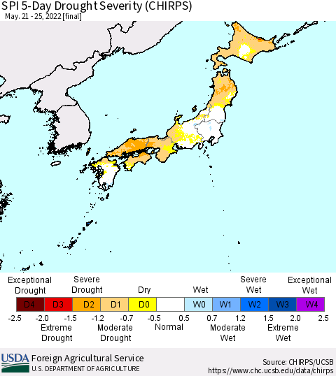 Japan SPI 5-Day Drought Severity (CHIRPS) Thematic Map For 5/21/2022 - 5/25/2022