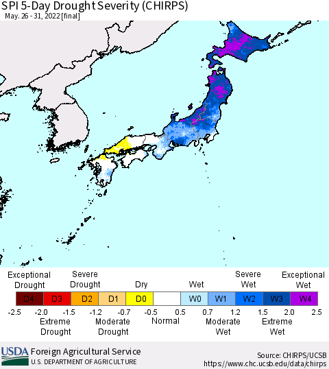 Japan SPI 5-Day Drought Severity (CHIRPS) Thematic Map For 5/26/2022 - 5/31/2022