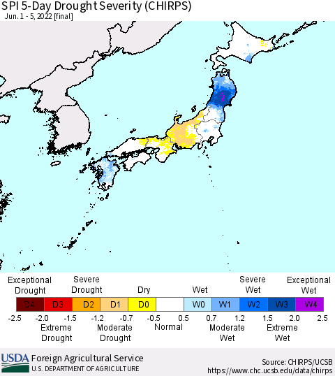 Japan SPI 5-Day Drought Severity (CHIRPS) Thematic Map For 6/1/2022 - 6/5/2022