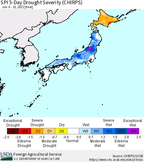 Japan SPI 5-Day Drought Severity (CHIRPS) Thematic Map For 6/6/2022 - 6/10/2022