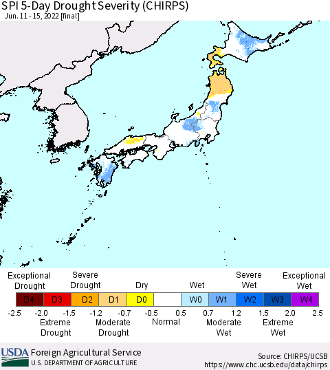 Japan SPI 5-Day Drought Severity (CHIRPS) Thematic Map For 6/11/2022 - 6/15/2022