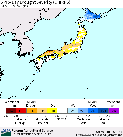 Japan SPI 5-Day Drought Severity (CHIRPS) Thematic Map For 6/16/2022 - 6/20/2022