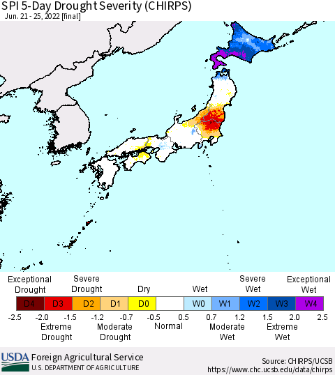 Japan SPI 5-Day Drought Severity (CHIRPS) Thematic Map For 6/21/2022 - 6/25/2022