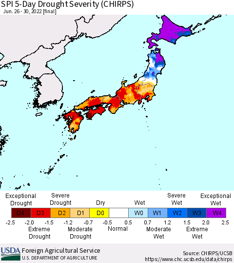 Japan SPI 5-Day Drought Severity (CHIRPS) Thematic Map For 6/26/2022 - 6/30/2022