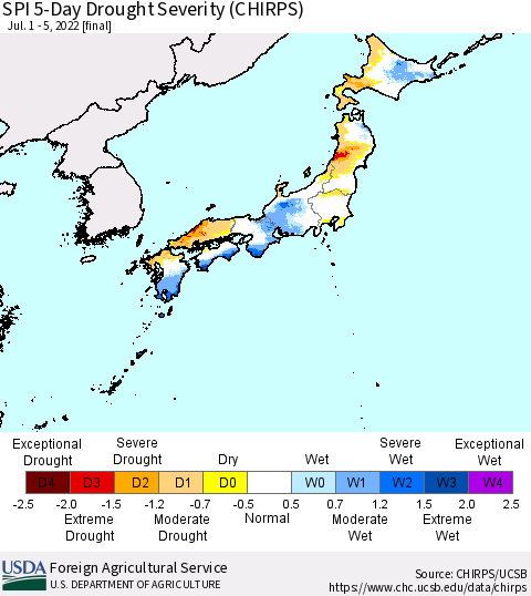 Japan SPI 5-Day Drought Severity (CHIRPS) Thematic Map For 7/1/2022 - 7/5/2022