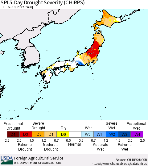 Japan SPI 5-Day Drought Severity (CHIRPS) Thematic Map For 7/6/2022 - 7/10/2022