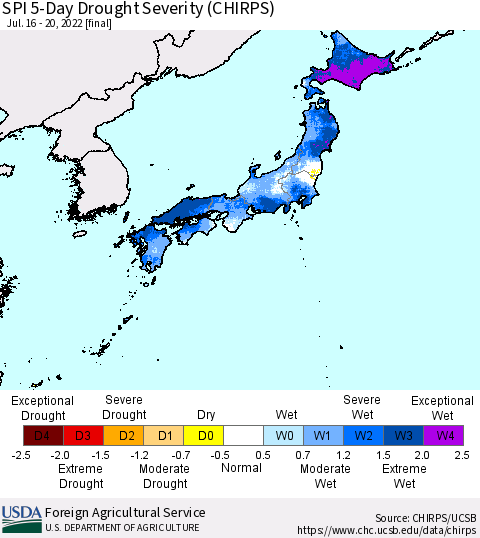 Japan SPI 5-Day Drought Severity (CHIRPS) Thematic Map For 7/16/2022 - 7/20/2022