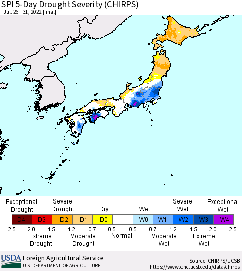 Japan SPI 5-Day Drought Severity (CHIRPS) Thematic Map For 7/26/2022 - 7/31/2022