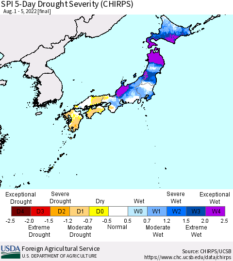 Japan SPI 5-Day Drought Severity (CHIRPS) Thematic Map For 8/1/2022 - 8/5/2022
