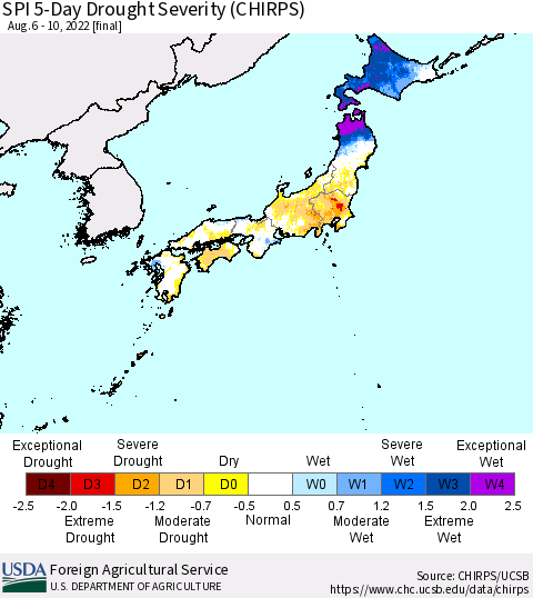 Japan SPI 5-Day Drought Severity (CHIRPS) Thematic Map For 8/6/2022 - 8/10/2022