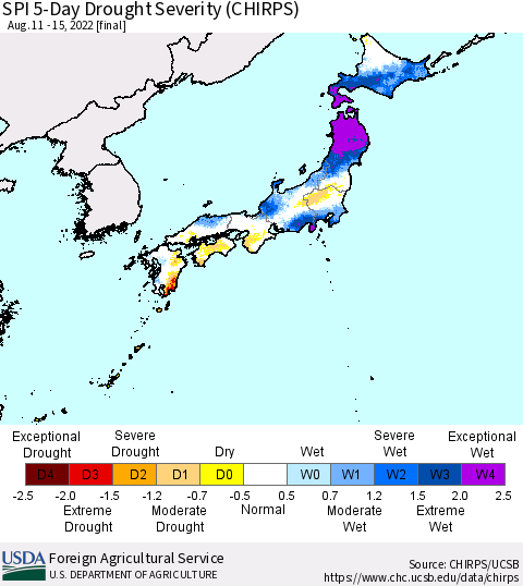 Japan SPI 5-Day Drought Severity (CHIRPS) Thematic Map For 8/11/2022 - 8/15/2022