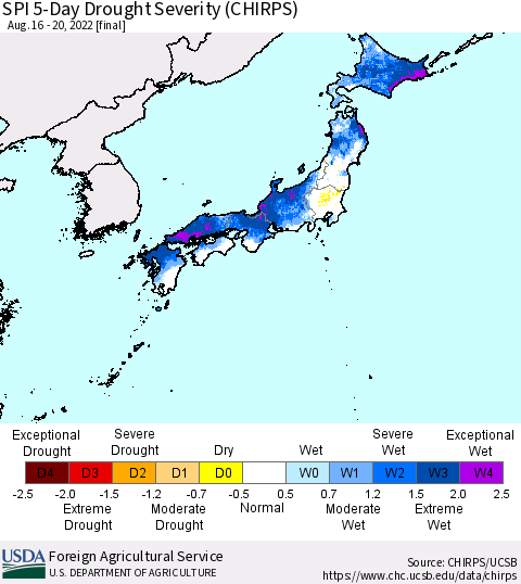 Japan SPI 5-Day Drought Severity (CHIRPS) Thematic Map For 8/16/2022 - 8/20/2022