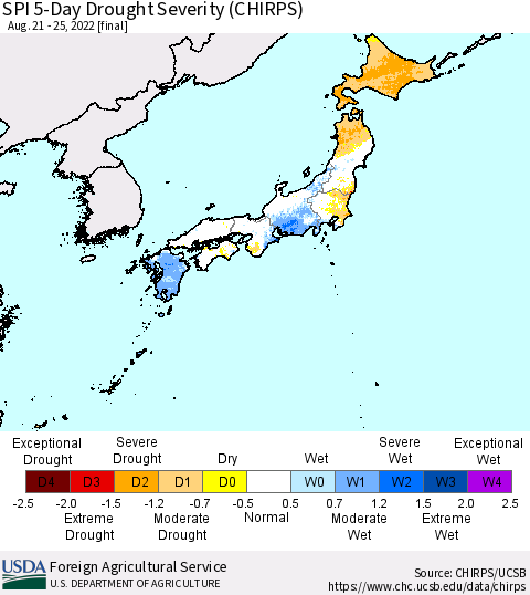 Japan SPI 5-Day Drought Severity (CHIRPS) Thematic Map For 8/21/2022 - 8/25/2022