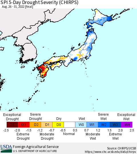 Japan SPI 5-Day Drought Severity (CHIRPS) Thematic Map For 8/26/2022 - 8/31/2022