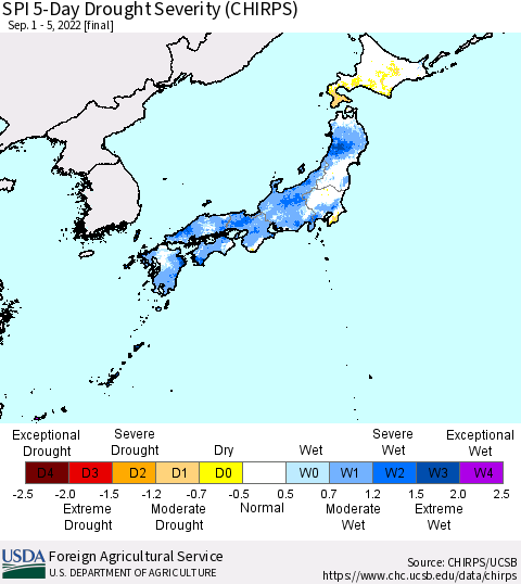Japan SPI 5-Day Drought Severity (CHIRPS) Thematic Map For 9/1/2022 - 9/5/2022