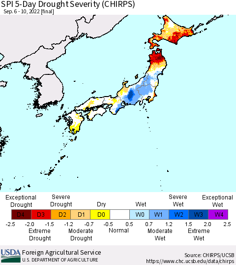 Japan SPI 5-Day Drought Severity (CHIRPS) Thematic Map For 9/6/2022 - 9/10/2022