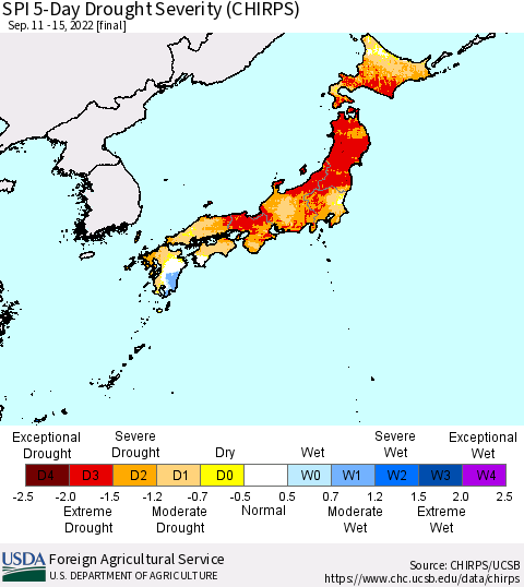 Japan SPI 5-Day Drought Severity (CHIRPS) Thematic Map For 9/11/2022 - 9/15/2022