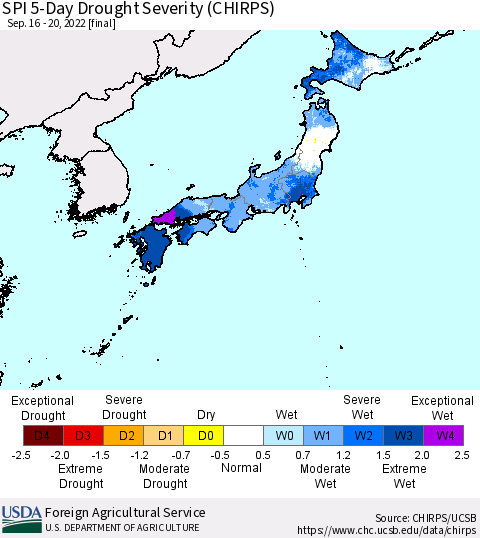 Japan SPI 5-Day Drought Severity (CHIRPS) Thematic Map For 9/16/2022 - 9/20/2022