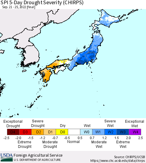 Japan SPI 5-Day Drought Severity (CHIRPS) Thematic Map For 9/21/2022 - 9/25/2022